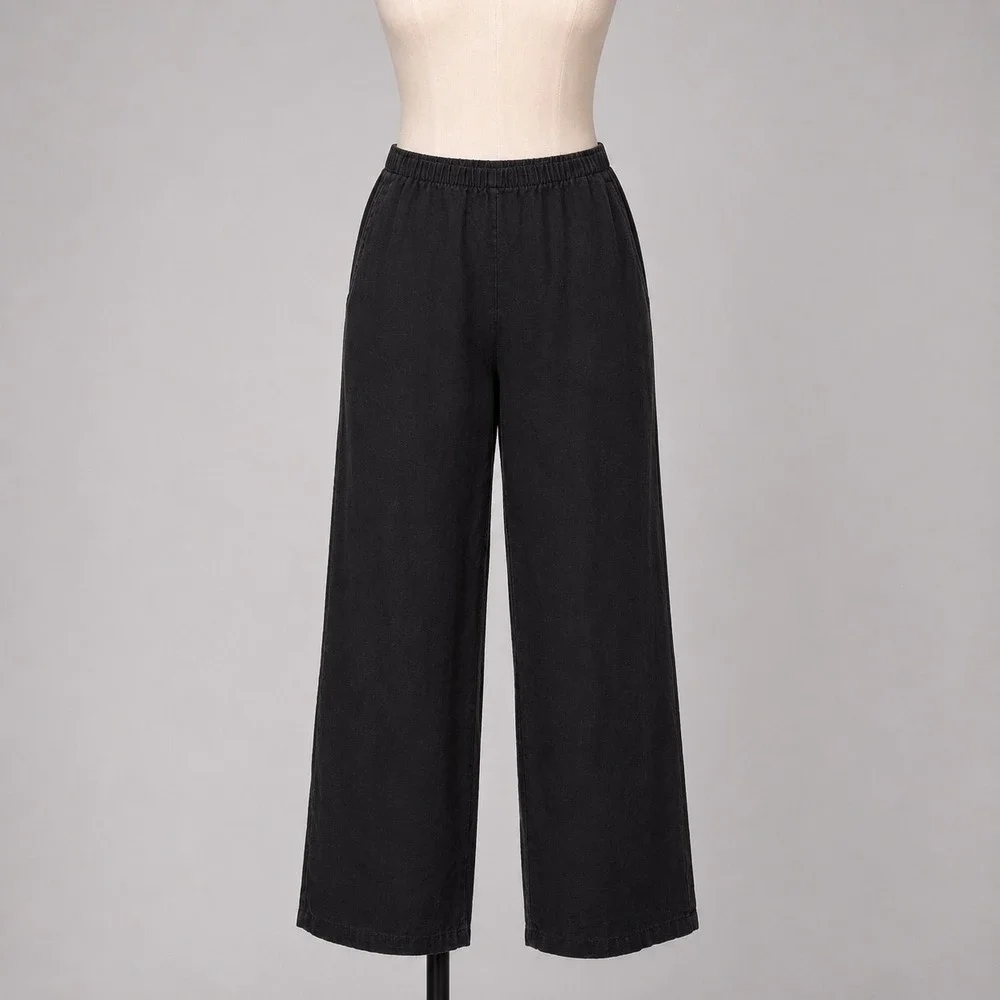 FLAX‎ Jeanne Engelhart Size M Black 100% Linen Wide Leg Elastic Waist Pants